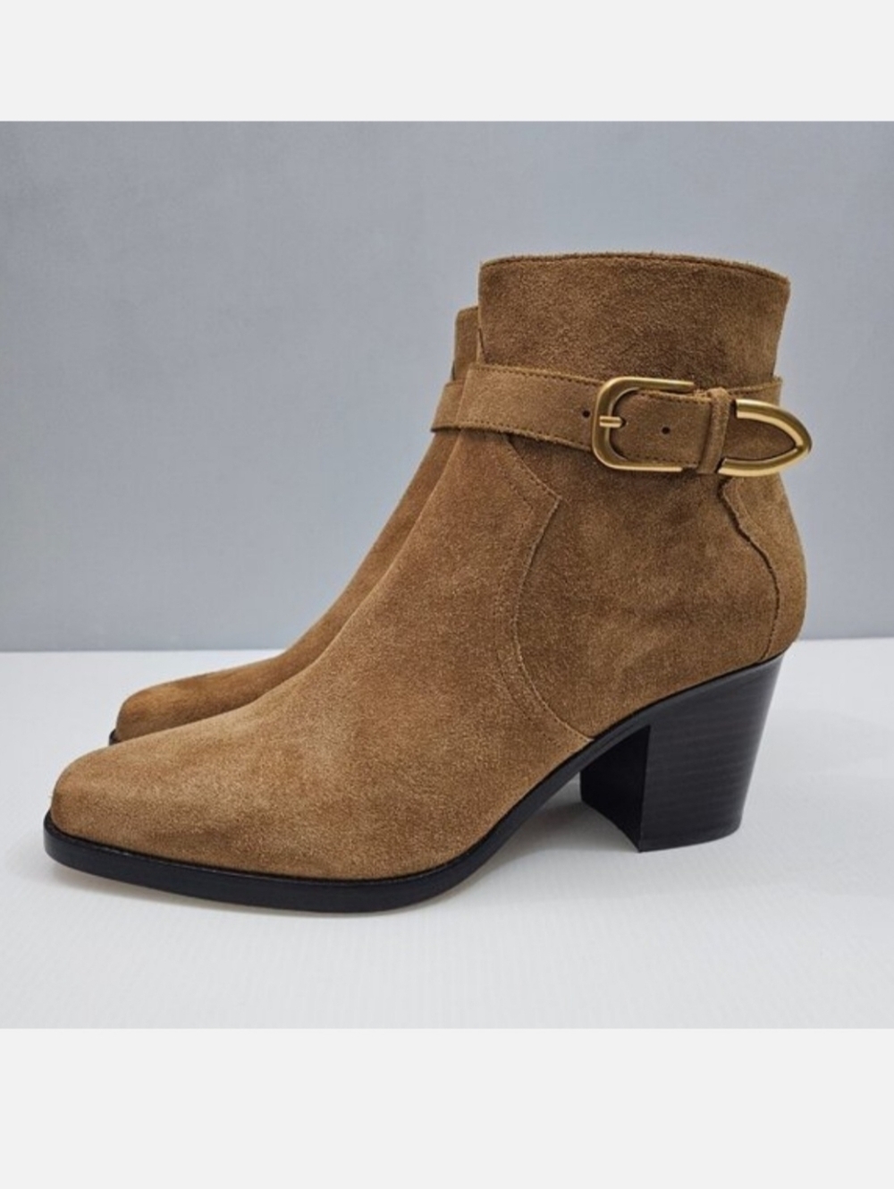 Paige Evelyn Block Heel Ankle Boot Womens 10 Tan Suede Western Buckle Casual